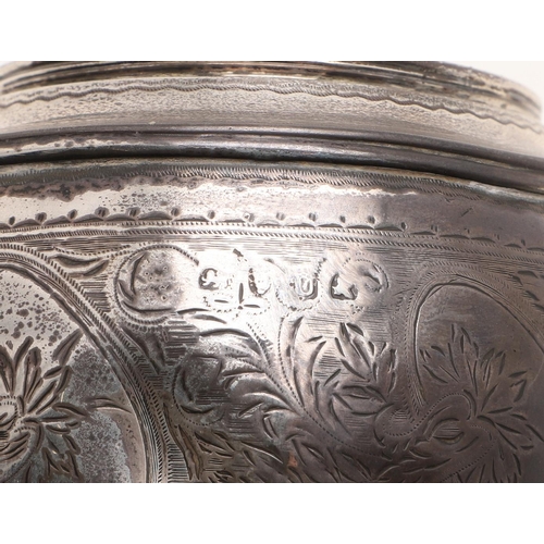 241 - A GEORGE III SILVER TEA CADDY. circular form, with engraved decoration and the pull-off cover with a... 