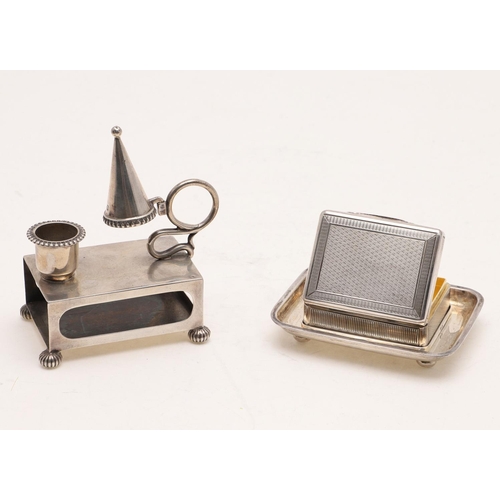 244 - A GEORGE V RECTANGULAR SILVER VESTA BOX & MATCHING STAND. with engine-turned decoration, a gilt inte... 