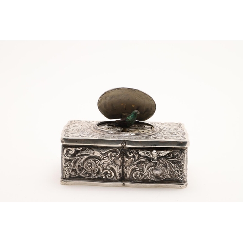 247 - A LATE 19TH CENTURY GERMAN SILVER SINGING BIRD BOX. in the manner of Karl Greisbaum, shaped rectangu... 