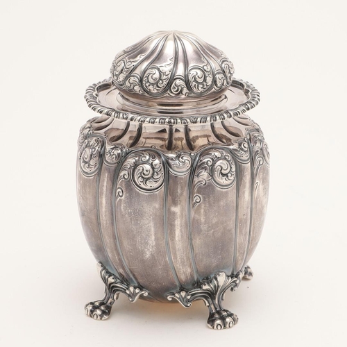 250 - A LATE 19TH/ EARLY 20TH CENTURY NORTH-AMERICAN SILVER TEA CADDY. shaped circular form, with a pull-o... 