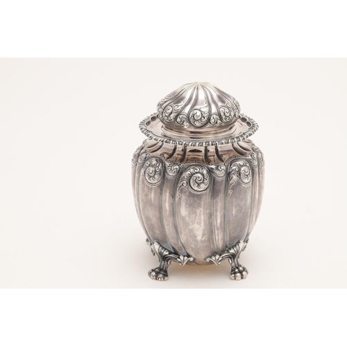 250 - A LATE 19TH/ EARLY 20TH CENTURY NORTH-AMERICAN SILVER TEA CADDY. shaped circular form, with a pull-o... 