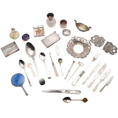 254 - A MIXED LOT. including 7 mother-of-pearl implements, a pickle fork & condiment spoon with mother-of-... 