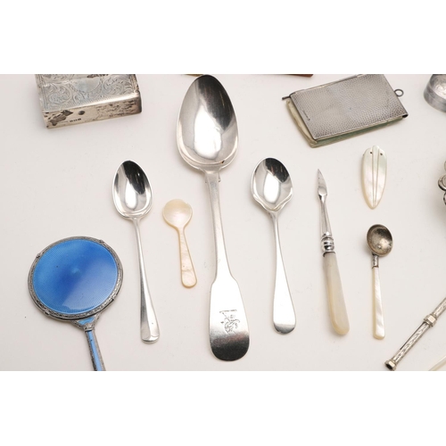 254 - A MIXED LOT. including 7 mother-of-pearl implements, a pickle fork & condiment spoon with mother-of-... 