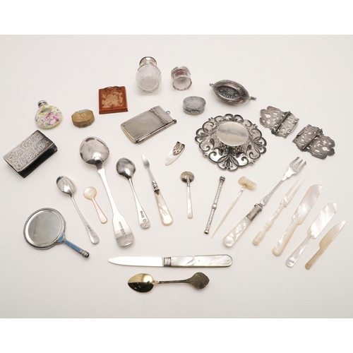 254 - A MIXED LOT. including 7 mother-of-pearl implements, a pickle fork & condiment spoon with mother-of-... 