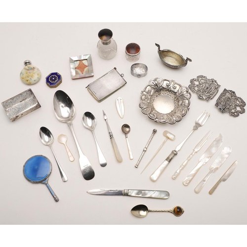 254 - A MIXED LOT. including 7 mother-of-pearl implements, a pickle fork & condiment spoon with mother-of-... 