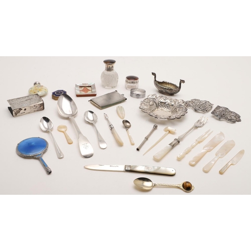 254 - A MIXED LOT. including 7 mother-of-pearl implements, a pickle fork & condiment spoon with mother-of-... 