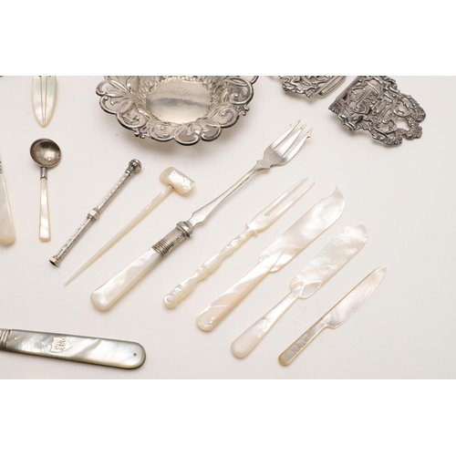 254 - A MIXED LOT. including 7 mother-of-pearl implements, a pickle fork & condiment spoon with mother-of-... 