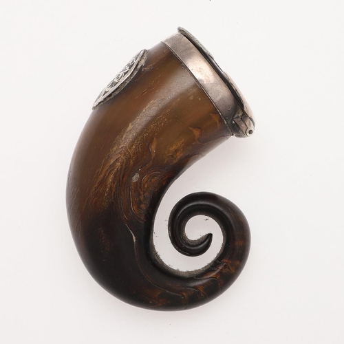 256 - A 19TH CENTURY SILVER MOUNTED HORN SNUFF MULL. with a curly end, the body with an applied circular m... 