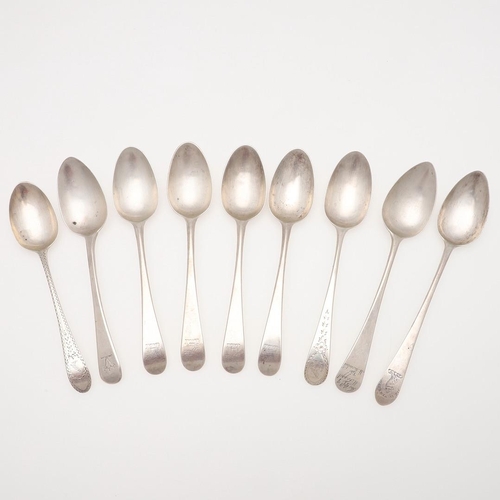 26 - NINE VARIOUS GEORGE III SILVER DESSERT SPOONS. a quartet of Old English pattern spoons, by William F... 