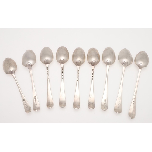 26 - NINE VARIOUS GEORGE III SILVER DESSERT SPOONS. a quartet of Old English pattern spoons, by William F... 