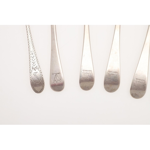 26 - NINE VARIOUS GEORGE III SILVER DESSERT SPOONS. a quartet of Old English pattern spoons, by William F... 