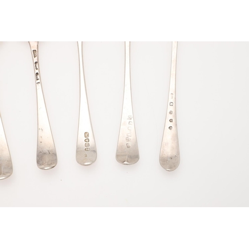 26 - NINE VARIOUS GEORGE III SILVER DESSERT SPOONS. a quartet of Old English pattern spoons, by William F... 