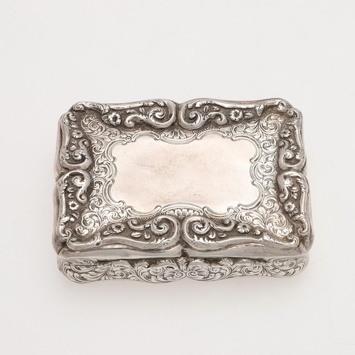 260 - A VICTORIAN SILVER SNUFF BOX. shaped rectangular, with engraved decoration on the body and the thumb... 