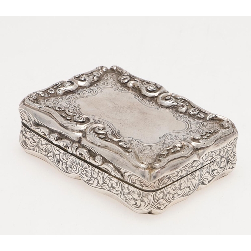 260 - A VICTORIAN SILVER SNUFF BOX. shaped rectangular, with engraved decoration on the body and the thumb... 