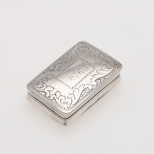 261 - A GEORGE IV ENGRAVED SILVER VINAIGRETTE. oblong, with foliate decoration and pricked borders, initia... 