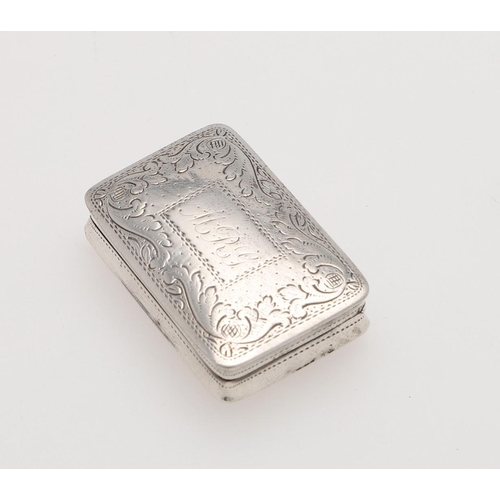 261 - A GEORGE IV ENGRAVED SILVER VINAIGRETTE. oblong, with foliate decoration and pricked borders, initia... 