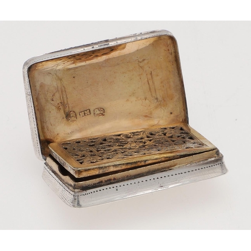 261 - A GEORGE IV ENGRAVED SILVER VINAIGRETTE. oblong, with foliate decoration and pricked borders, initia... 