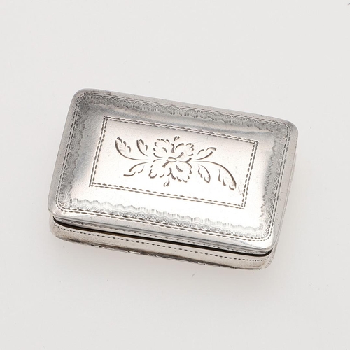 261 - A GEORGE IV ENGRAVED SILVER VINAIGRETTE. oblong, with foliate decoration and pricked borders, initia... 