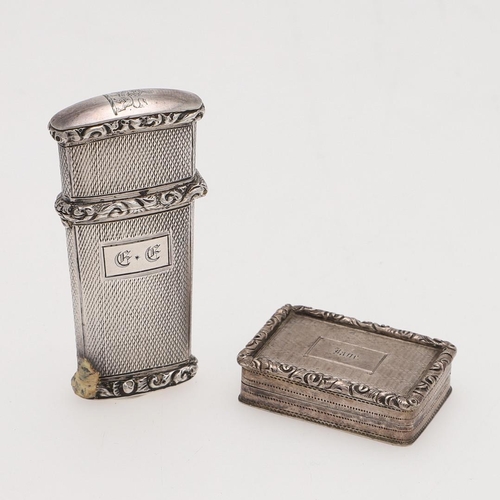 262 - A VICTORIAN SILVER VINAIGRETTE. rectangular with a raised border, the cover inscribed 