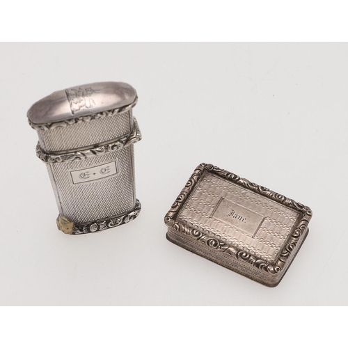 262 - A VICTORIAN SILVER VINAIGRETTE. rectangular with a raised border, the cover inscribed 