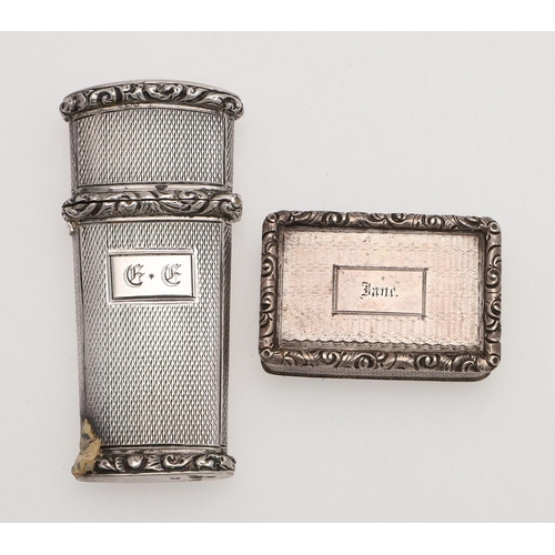 262 - A VICTORIAN SILVER VINAIGRETTE. rectangular with a raised border, the cover inscribed 