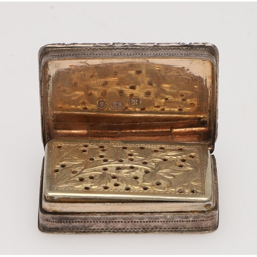 262 - A VICTORIAN SILVER VINAIGRETTE. rectangular with a raised border, the cover inscribed 