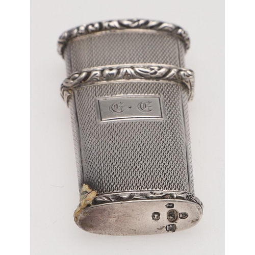 262 - A VICTORIAN SILVER VINAIGRETTE. rectangular with a raised border, the cover inscribed 