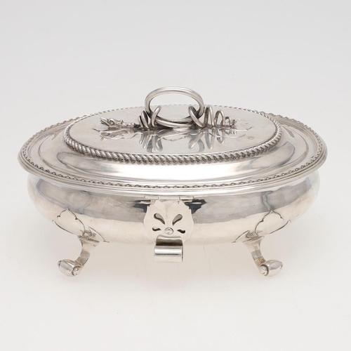 265 - A WWII PERIOD SILVER SUGAR BOX. in the style of a Charles I example, oval form, with applied decorat... 