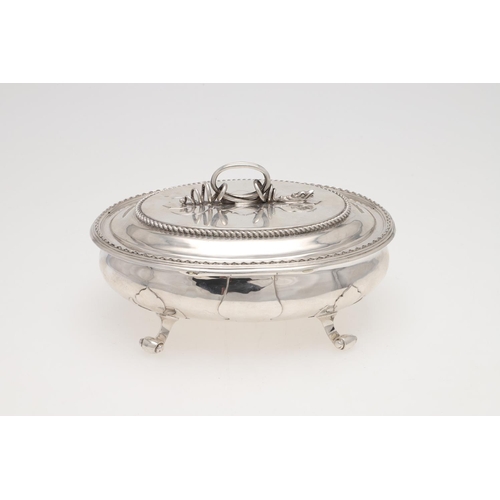 265 - A WWII PERIOD SILVER SUGAR BOX. in the style of a Charles I example, oval form, with applied decorat... 