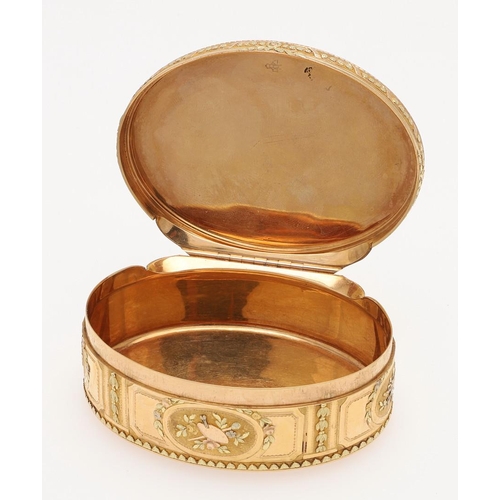 268 - A LATE 18TH CENTURY THREE-COLOUR GOLD FRENCH SNUFF BOX. oval, profusely decorated with applied gold ... 