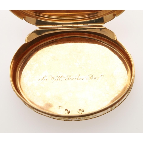 268 - A LATE 18TH CENTURY THREE-COLOUR GOLD FRENCH SNUFF BOX. oval, profusely decorated with applied gold ... 