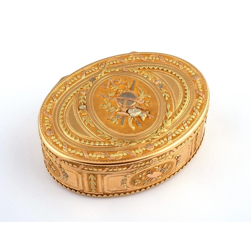 268 - A LATE 18TH CENTURY THREE-COLOUR GOLD FRENCH SNUFF BOX. oval, profusely decorated with applied gold ... 