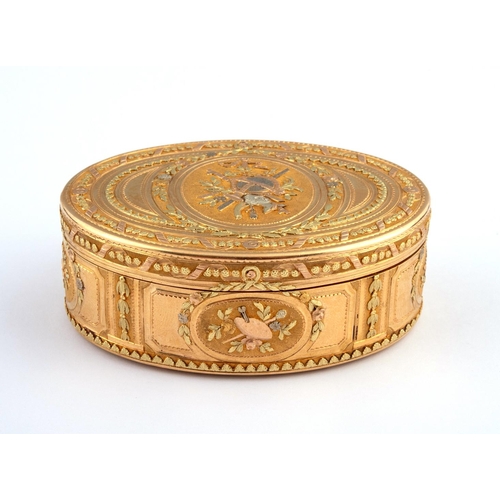 268 - A LATE 18TH CENTURY THREE-COLOUR GOLD FRENCH SNUFF BOX. oval, profusely decorated with applied gold ... 