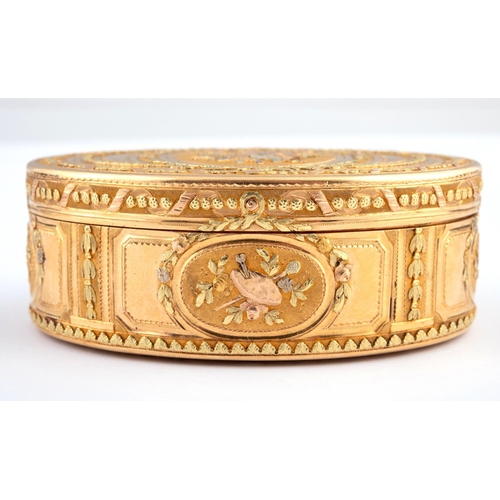 268 - A LATE 18TH CENTURY THREE-COLOUR GOLD FRENCH SNUFF BOX. oval, profusely decorated with applied gold ... 