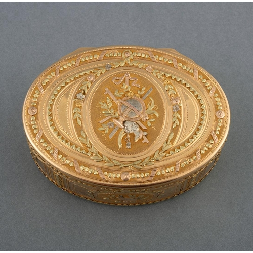 268 - A LATE 18TH CENTURY THREE-COLOUR GOLD FRENCH SNUFF BOX. oval, profusely decorated with applied gold ... 