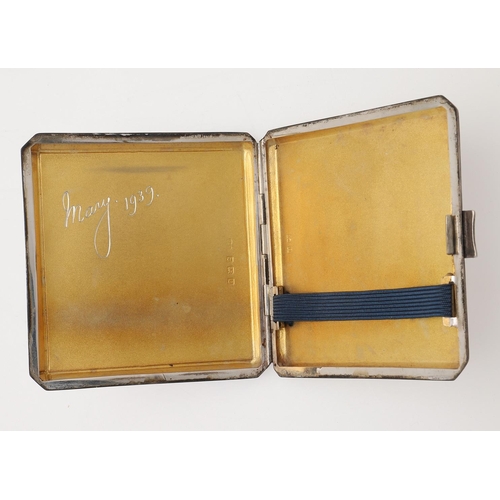 269 - A GEORGE VI ART-DECO SILVER & ENAMEL CIGARETTE CASE. square with canted corners, decorated with pear... 