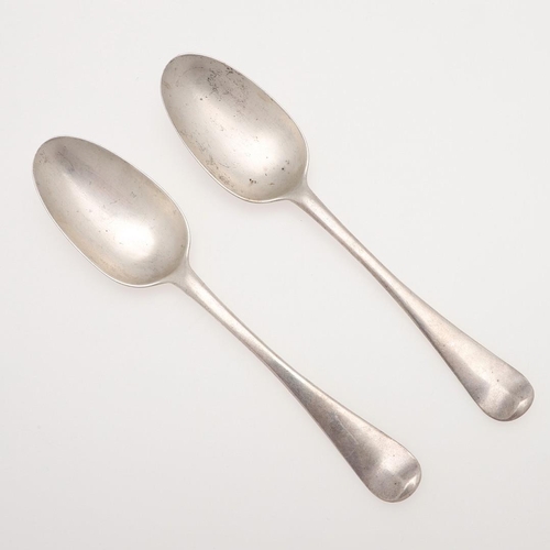 27 - A PAIR OF GEORGE II HANOVERIAN PATTERN SILVER TABLE SPOONS. crested, by Philip Roker (II), London 17... 