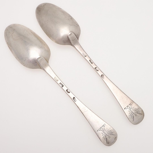 27 - A PAIR OF GEORGE II HANOVERIAN PATTERN SILVER TABLE SPOONS. crested, by Philip Roker (II), London 17... 