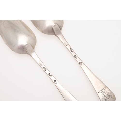 27 - A PAIR OF GEORGE II HANOVERIAN PATTERN SILVER TABLE SPOONS. crested, by Philip Roker (II), London 17... 