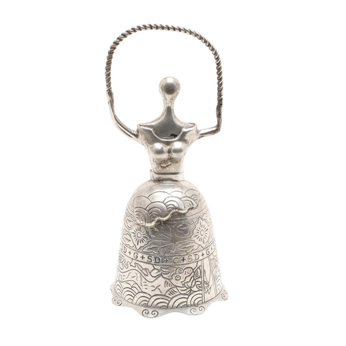 273 - A SILVER BELL. in the form of a lady wearing a crinoline dress with a rope in her hands, the chased ... 