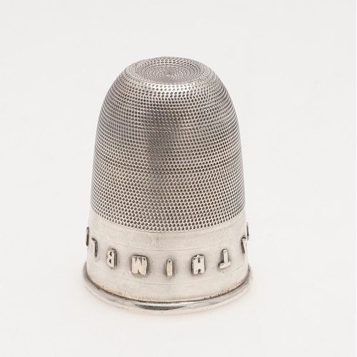 276 - A VICTORIAN NOVELTY SILVER TOT CUP. in the form of a thimble, with applied vacant cartouche & 