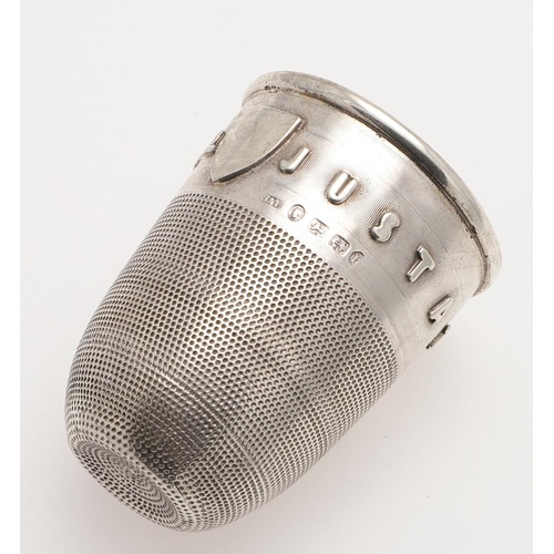 276 - A VICTORIAN NOVELTY SILVER TOT CUP. in the form of a thimble, with applied vacant cartouche & 