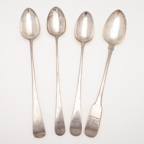 28 - FOUR GEORGE III SILVER BASTING OR SERVING SPOONS. three Old English pattern, one with makers mark wo... 