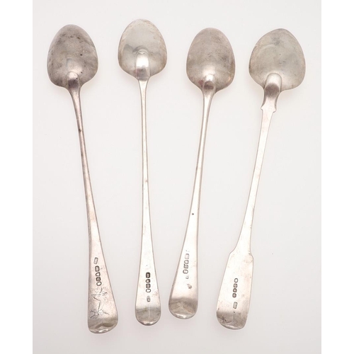 28 - FOUR GEORGE III SILVER BASTING OR SERVING SPOONS. three Old English pattern, one with makers mark wo... 