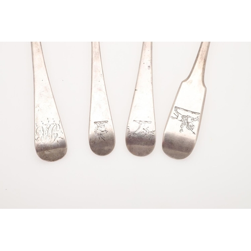 28 - FOUR GEORGE III SILVER BASTING OR SERVING SPOONS. three Old English pattern, one with makers mark wo... 