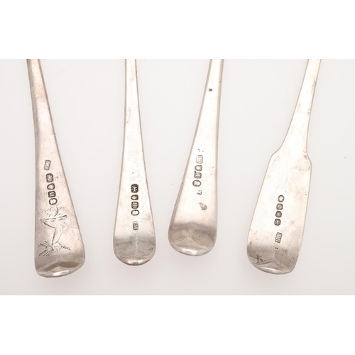 28 - FOUR GEORGE III SILVER BASTING OR SERVING SPOONS. three Old English pattern, one with makers mark wo... 