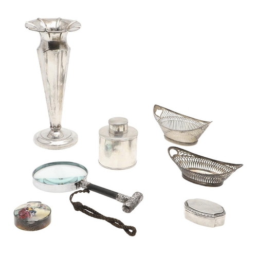 280 - A MIXED LOT OF SILVER. including a vase (loaded base), two bonbon dishes, a circular box with an ena... 