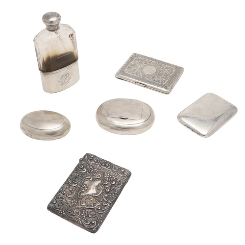 284 - A MIXED LOT OF SILVER. including an embossed card case, an engraved card case, a squeeze-action toba... 