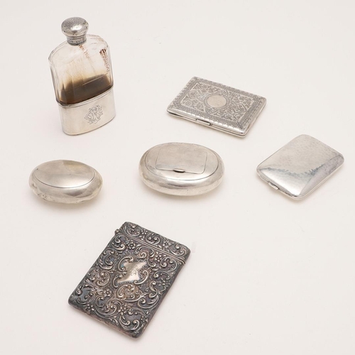 284 - A MIXED LOT OF SILVER. including an embossed card case, an engraved card case, a squeeze-action toba... 