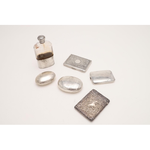 284 - A MIXED LOT OF SILVER. including an embossed card case, an engraved card case, a squeeze-action toba... 